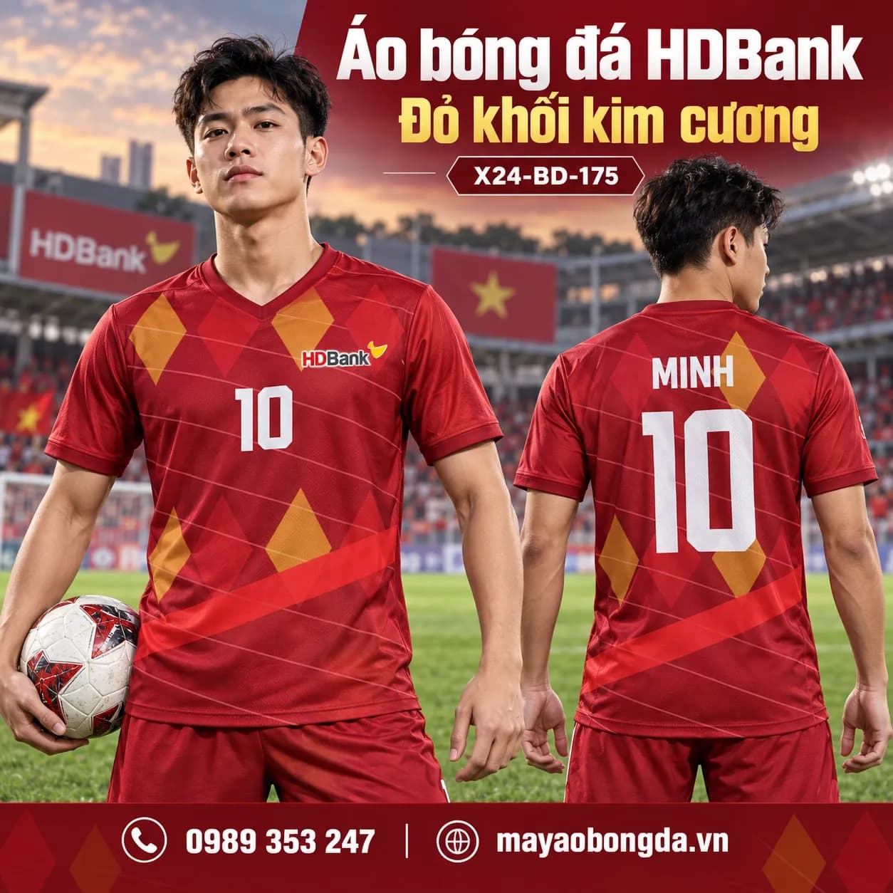 Áo bóng đá X24Sport HDBank đỏ khối kim cương