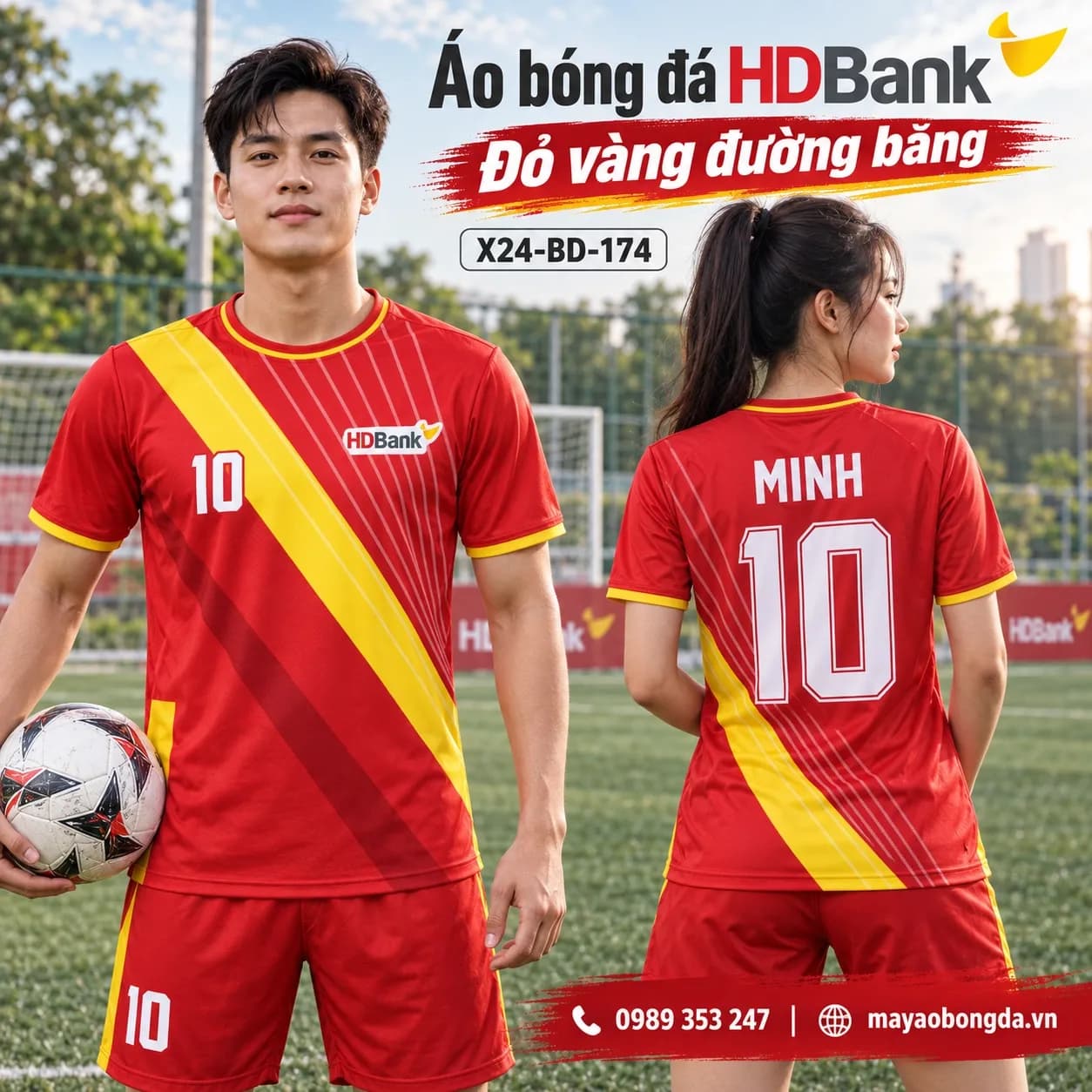 Áo bóng đá X24Sport HDBank đỏ vàng đường băng