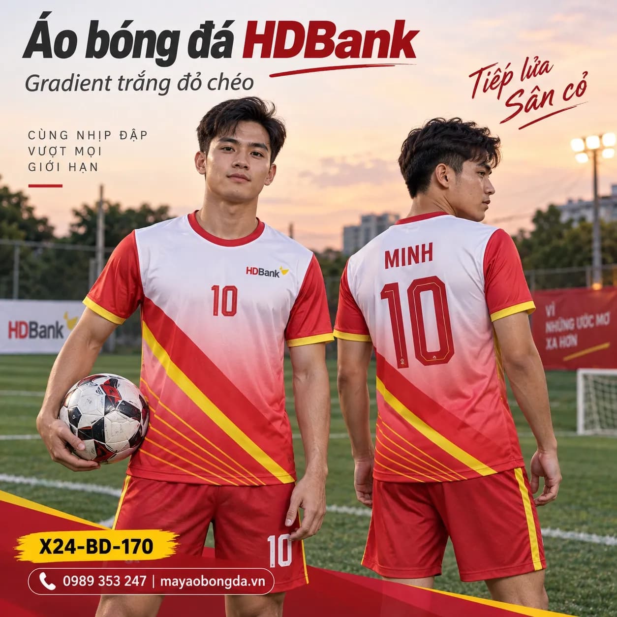 Áo bóng đá X24Sport HDBank gradient trắng đỏ chéo