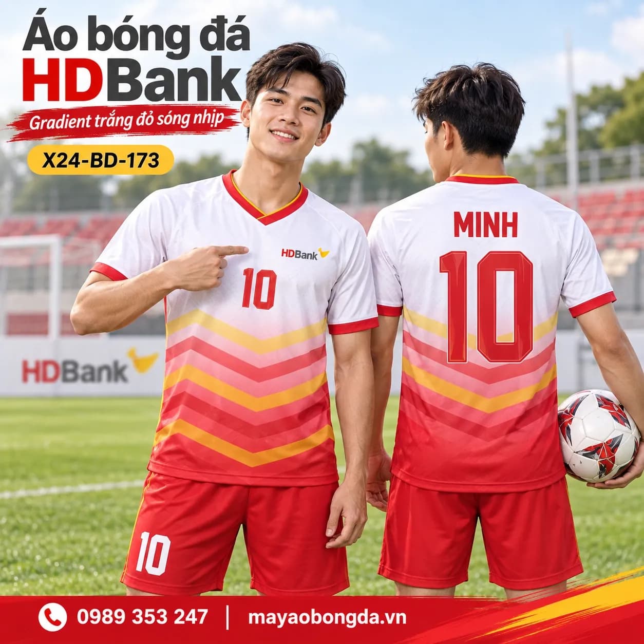 Áo bóng đá X24Sport HDBank gradient trắng đỏ sóng nhịp