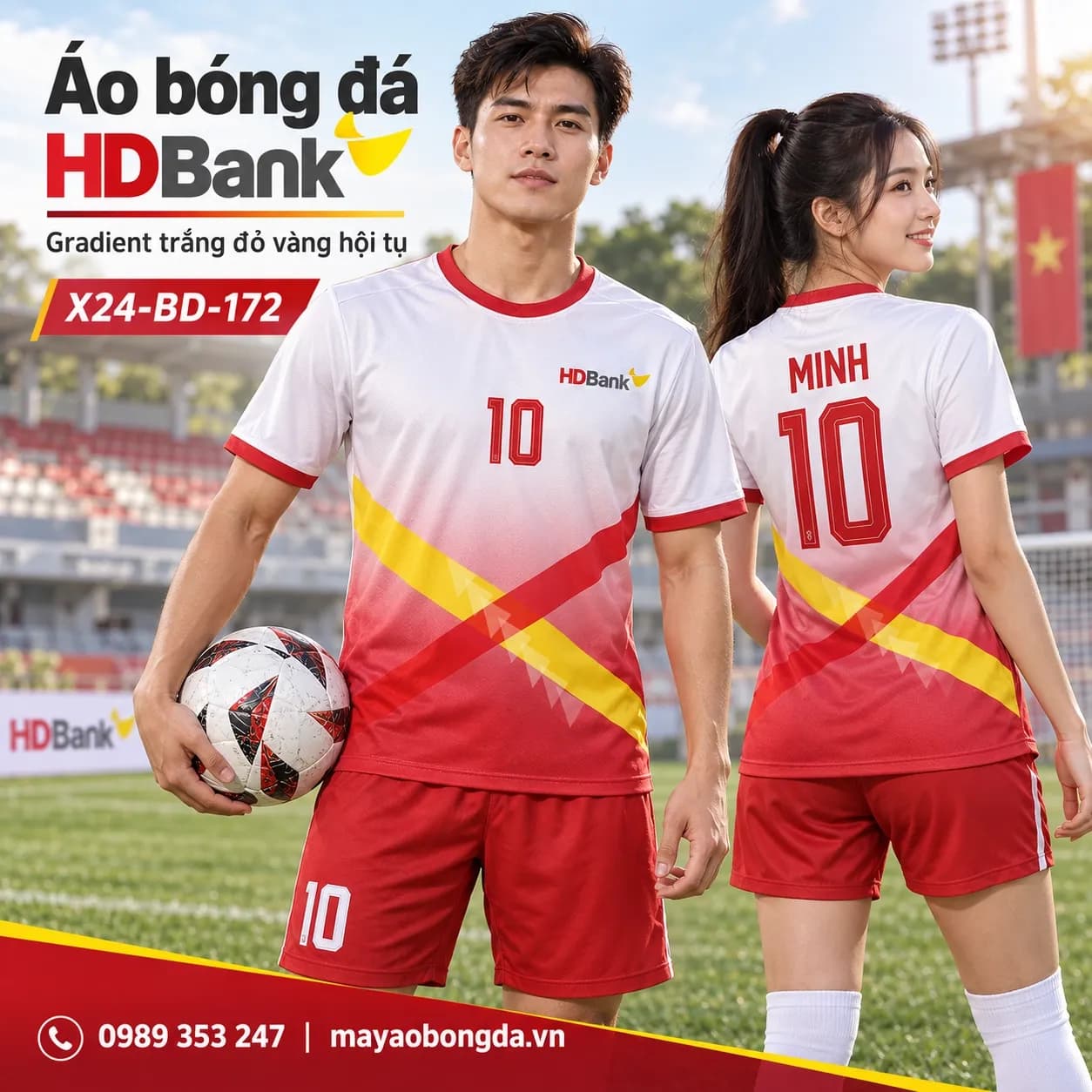 Áo bóng đá X24Sport HDBank gradient trắng đỏ vàng hội tụ