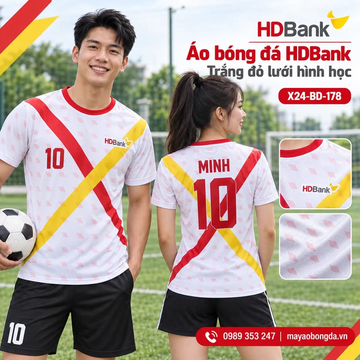 Áo bóng đá X24Sport HDBank trắng đỏ lưới hình học
