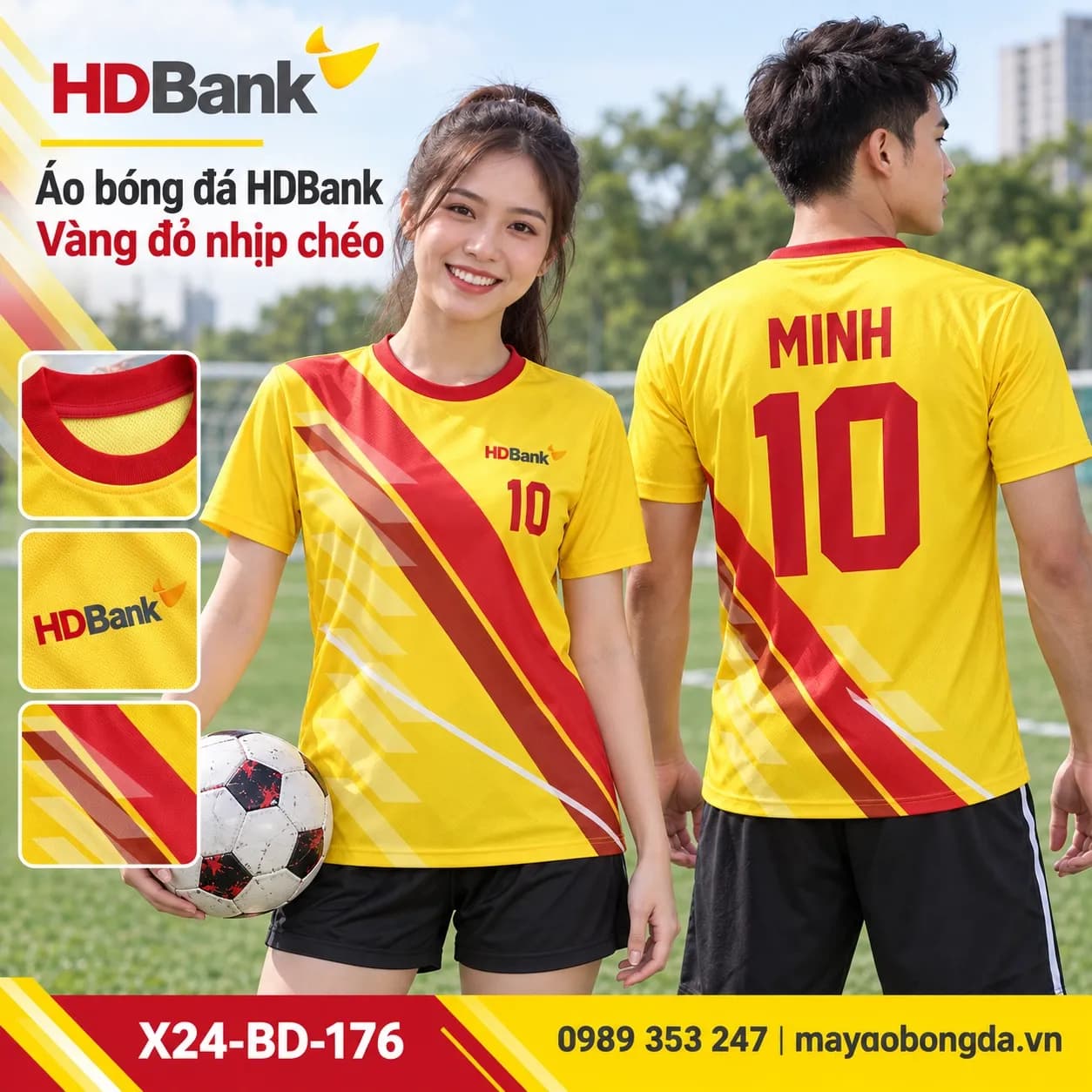 Áo bóng đá X24Sport HDBank vàng đỏ nhịp chéo