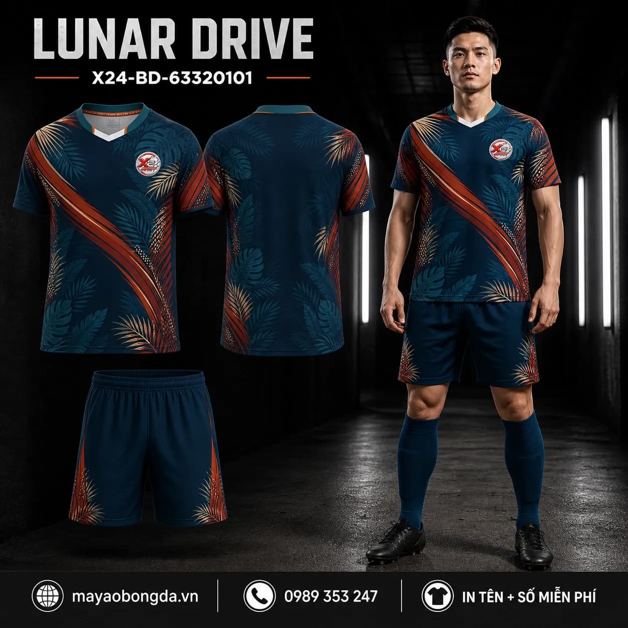 Áo bóng đá Lunar Drive xanh navy phối cam gạch cổ tim – Mã X24-BD-63320101