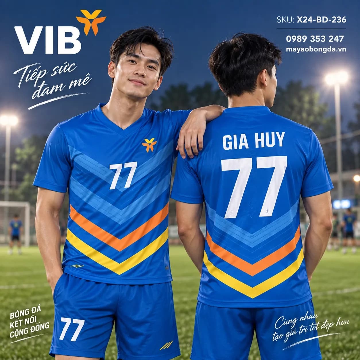 Áo bóng đá X24Sport ngân hàng VIB phối xanh cam vàng X24-BD-236