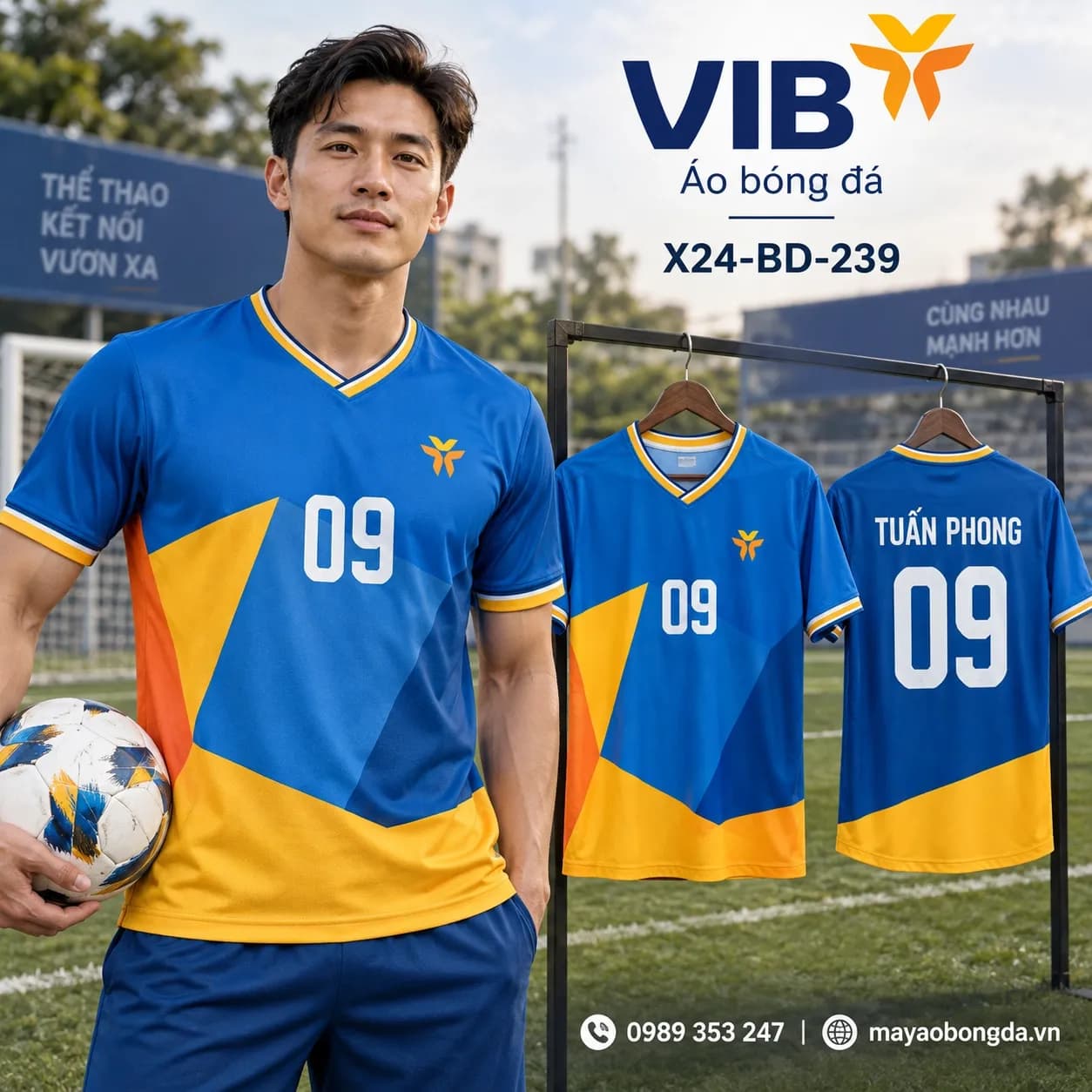 Áo bóng đá X24Sport ngân hàng VIB phối xanh cam vàng X24-BD-239