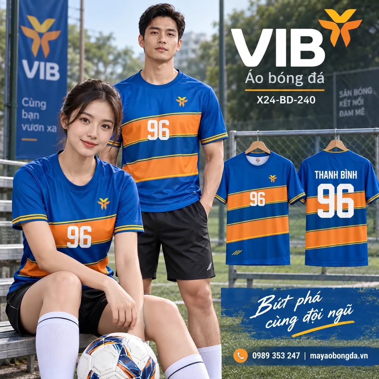 Áo bóng đá X24Sport ngân hàng VIB phối xanh cam vàng X24-BD-240