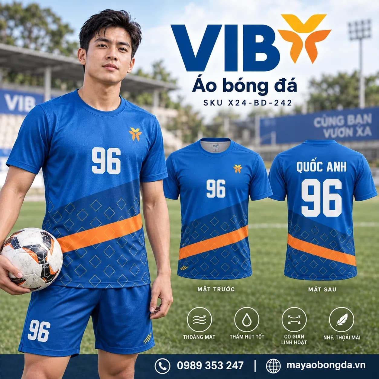 Áo bóng đá X24Sport ngân hàng VIB phối xanh cam vàng X24-BD-242