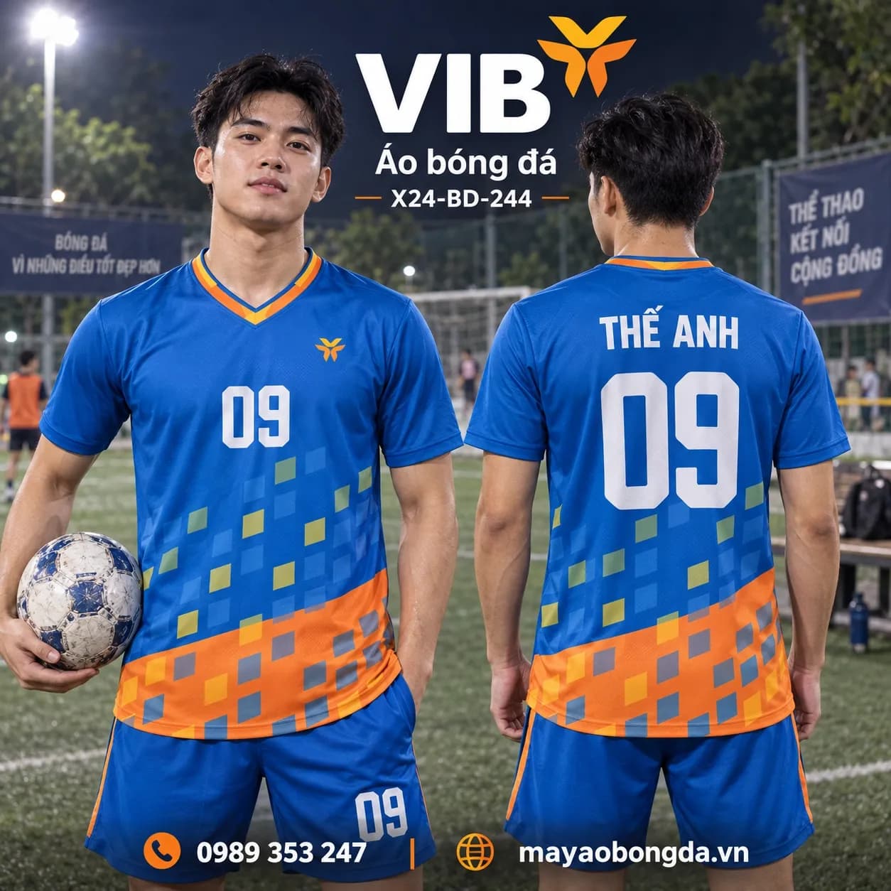Áo bóng đá X24Sport ngân hàng VIB phối xanh cam vàng X24-BD-244