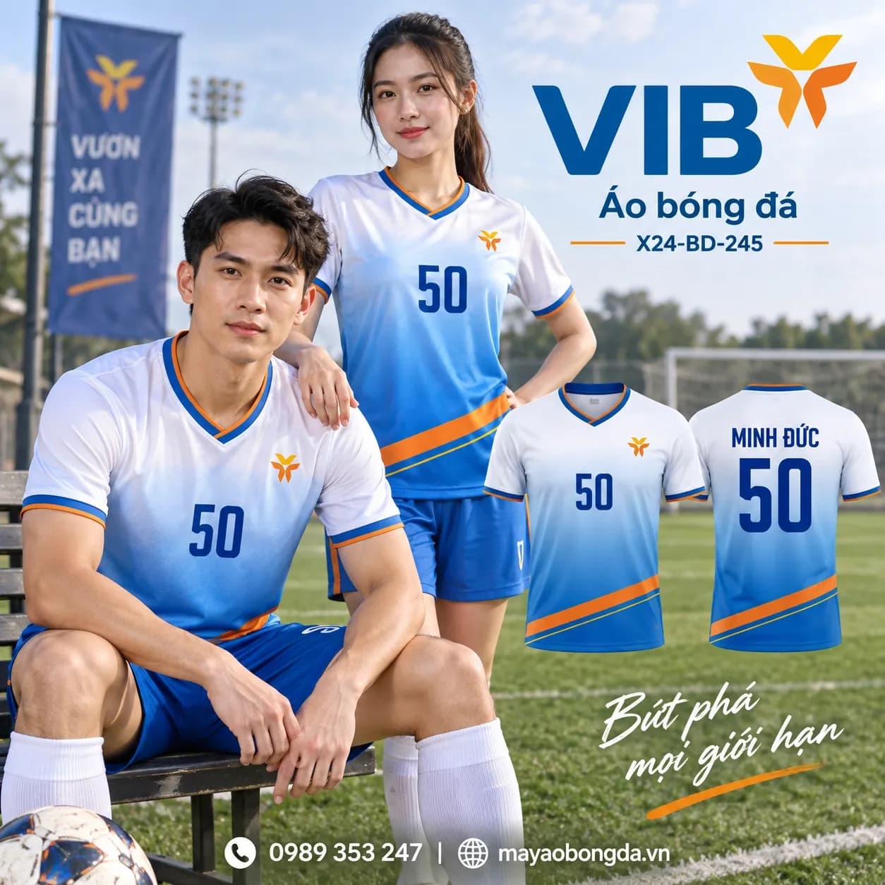 Áo bóng đá X24Sport ngân hàng VIB phối trắng xanh X24-BD-245