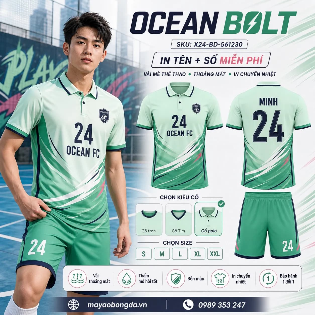 Áo bóng đá Ocean Bolt xanh ngọc đặt may cho đội bóng – Mã X24-BD-561230