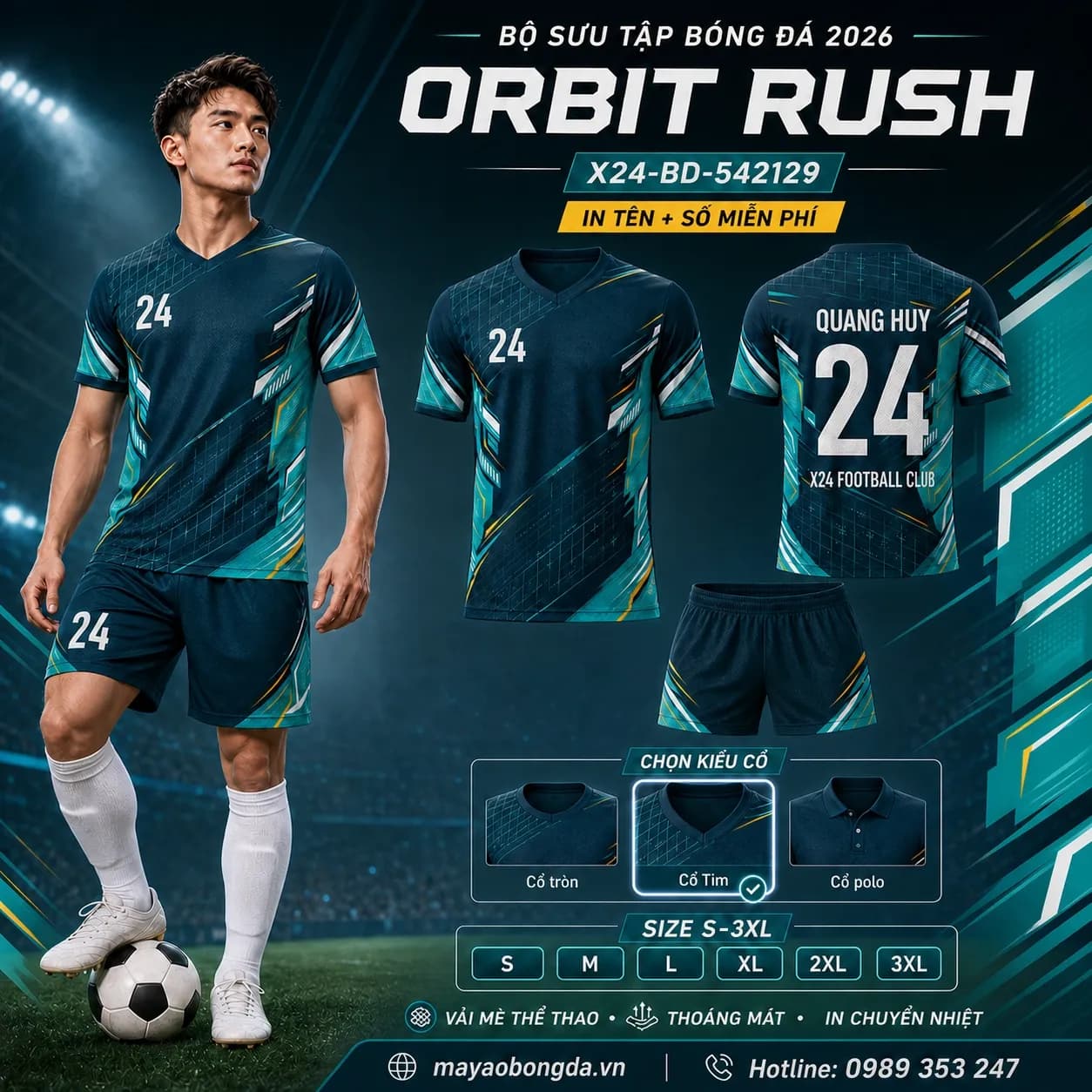 Áo bóng đá thiết kế riêng Orbit Rush xanh teal – Mã X24-BD-542129