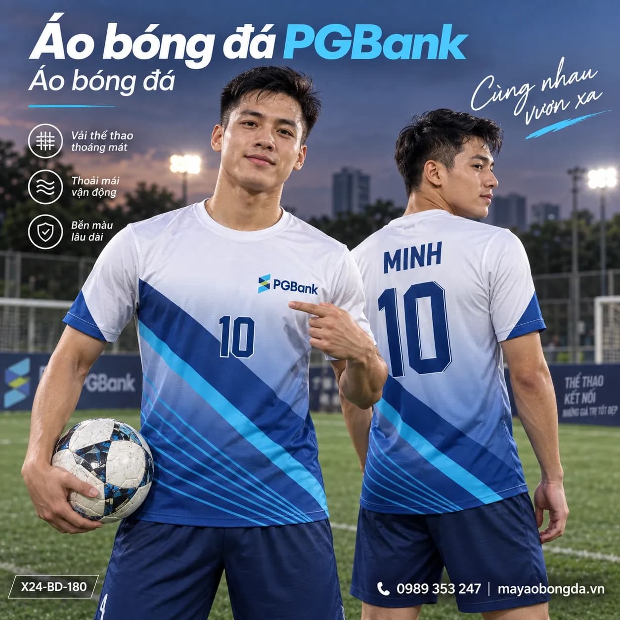 Áo bóng đá X24Sport PGBank gradient trắng xanh chéo
