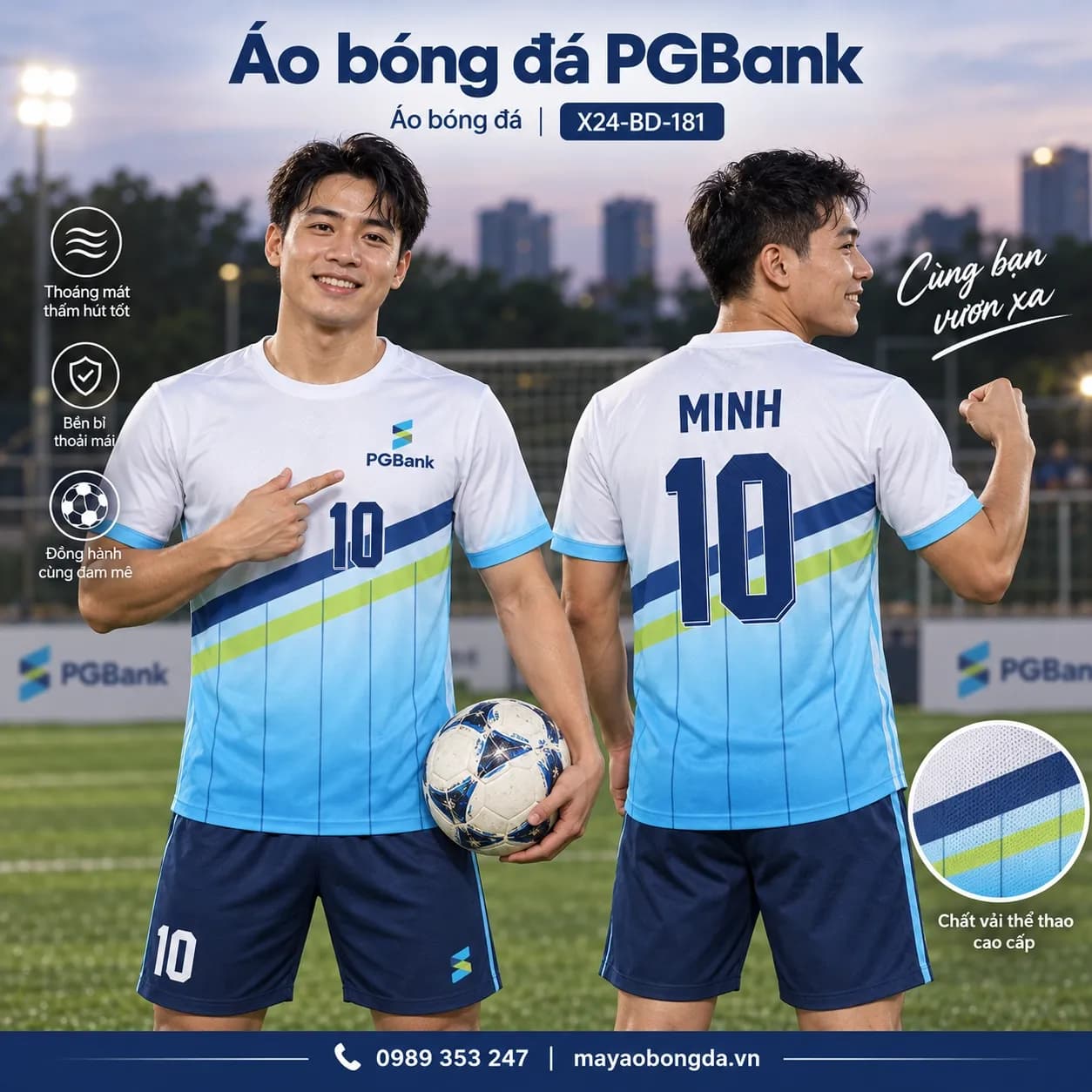 Áo bóng đá X24Sport PGBank gradient trắng xanh đường băng