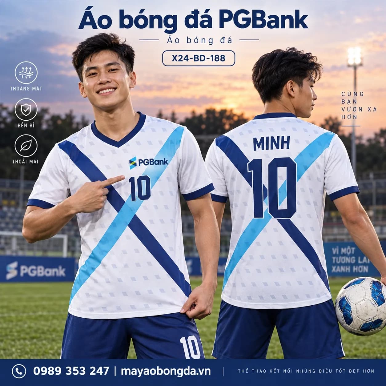 Áo bóng đá X24Sport PGBank trắng xanh lưới hình học
