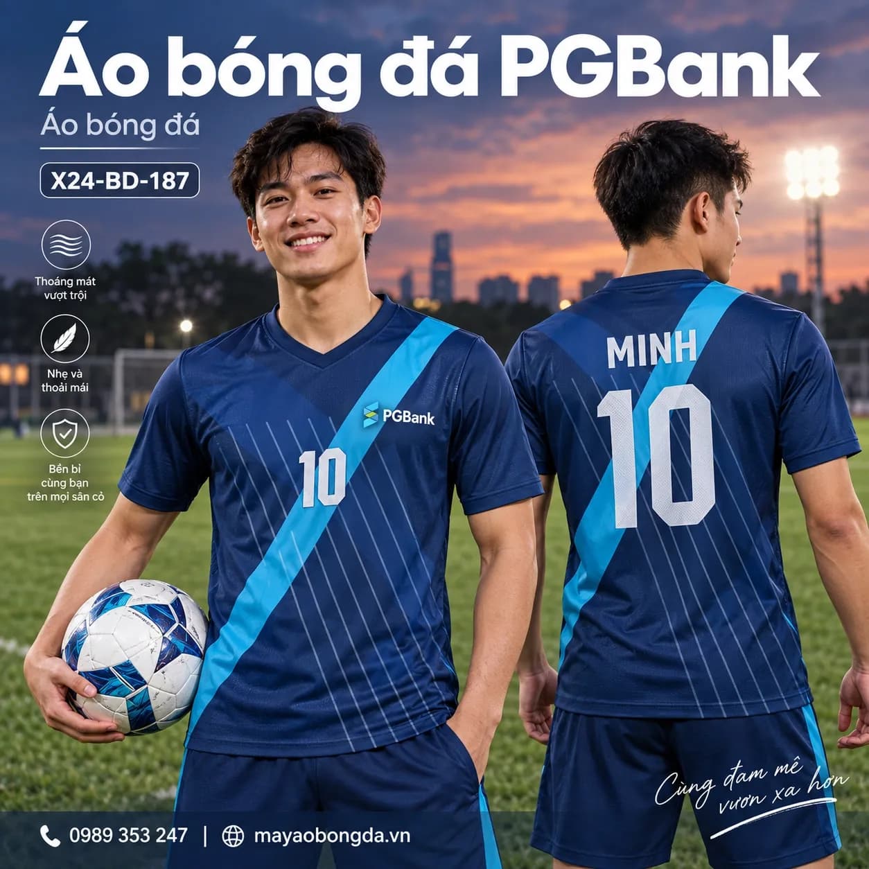 Áo bóng đá X24Sport PGBank xanh biển dải sáng