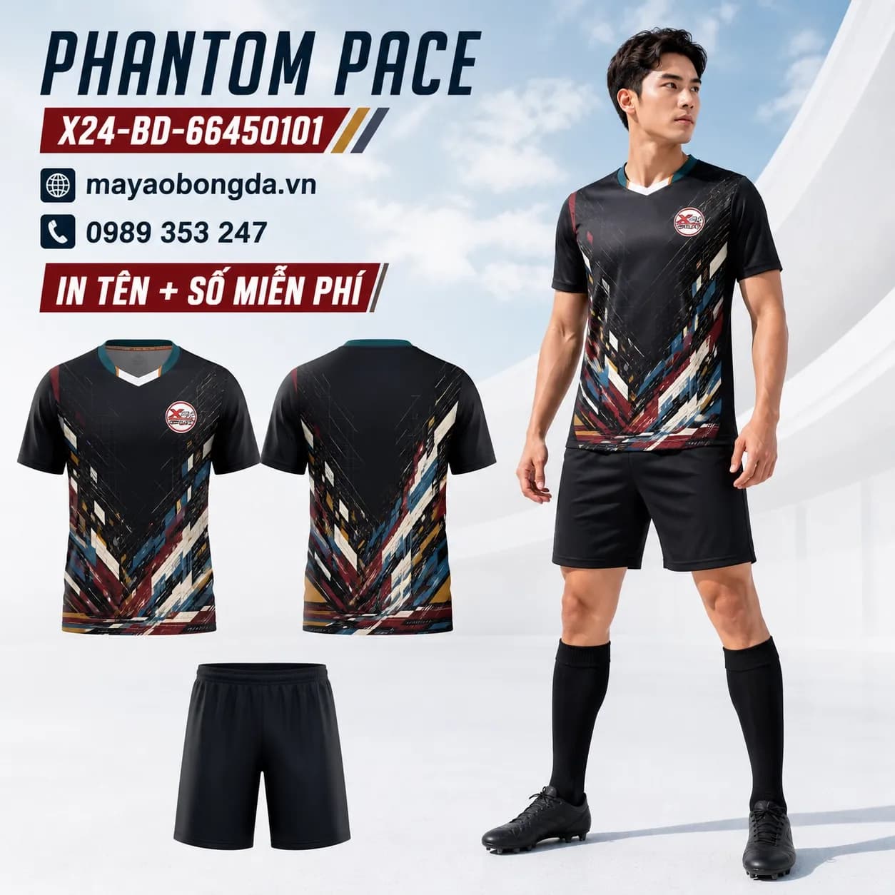 Áo bóng đá Phantom Pace đen đa sắc cổ tim – Mã X24-BD-66450101