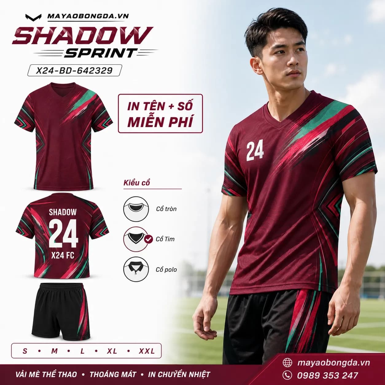 Áo bóng đá Shadow Sprint đỏ đô xanh ngọc đặt may cho đội – Mã X24-BD-642329