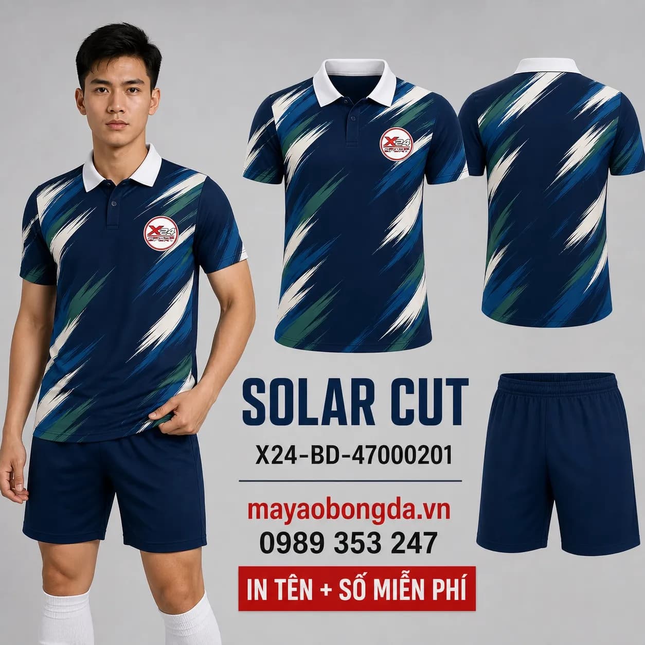Áo bóng đá Solar Cut xanh navy phối trắng cổ polo – Mã X24-BD-47000201