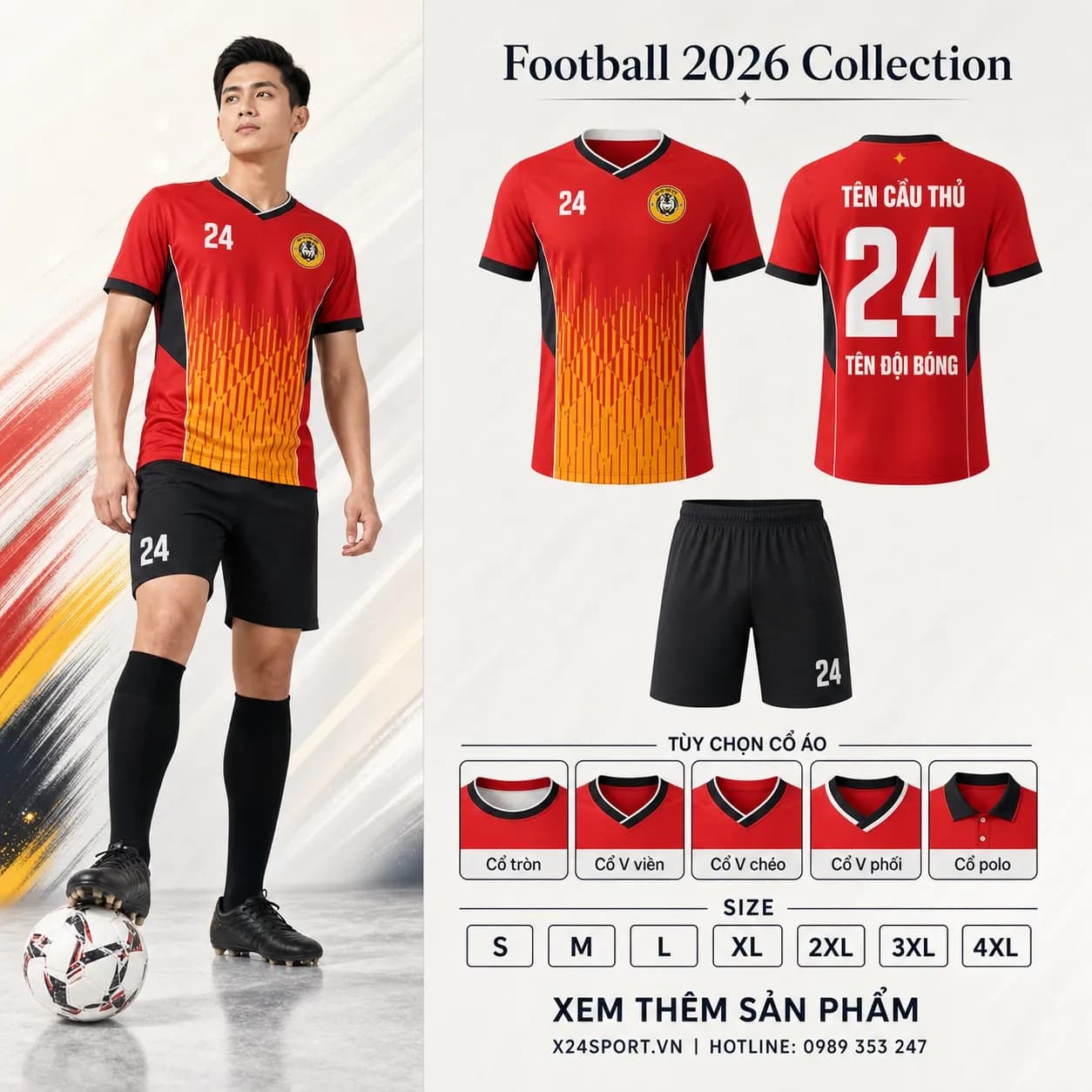 Áo bóng đá thiết kế 2026 mẫu 016 - đỏ phối đen – Mã X24-MABD-2026-016