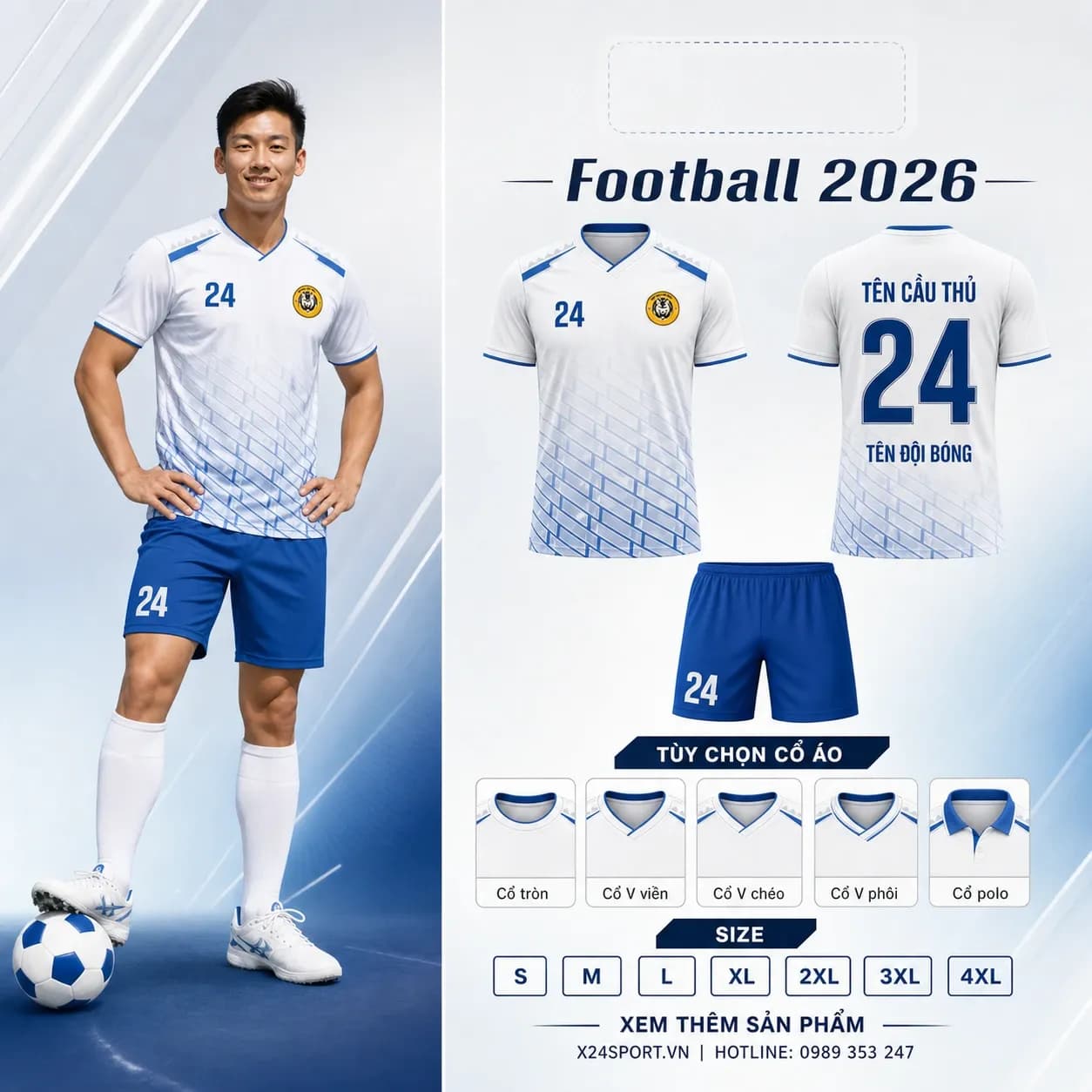 Áo bóng đá thiết kế 2026 mẫu 019 - trắng phối xanh royal – Mã X24-MABD-2026-019