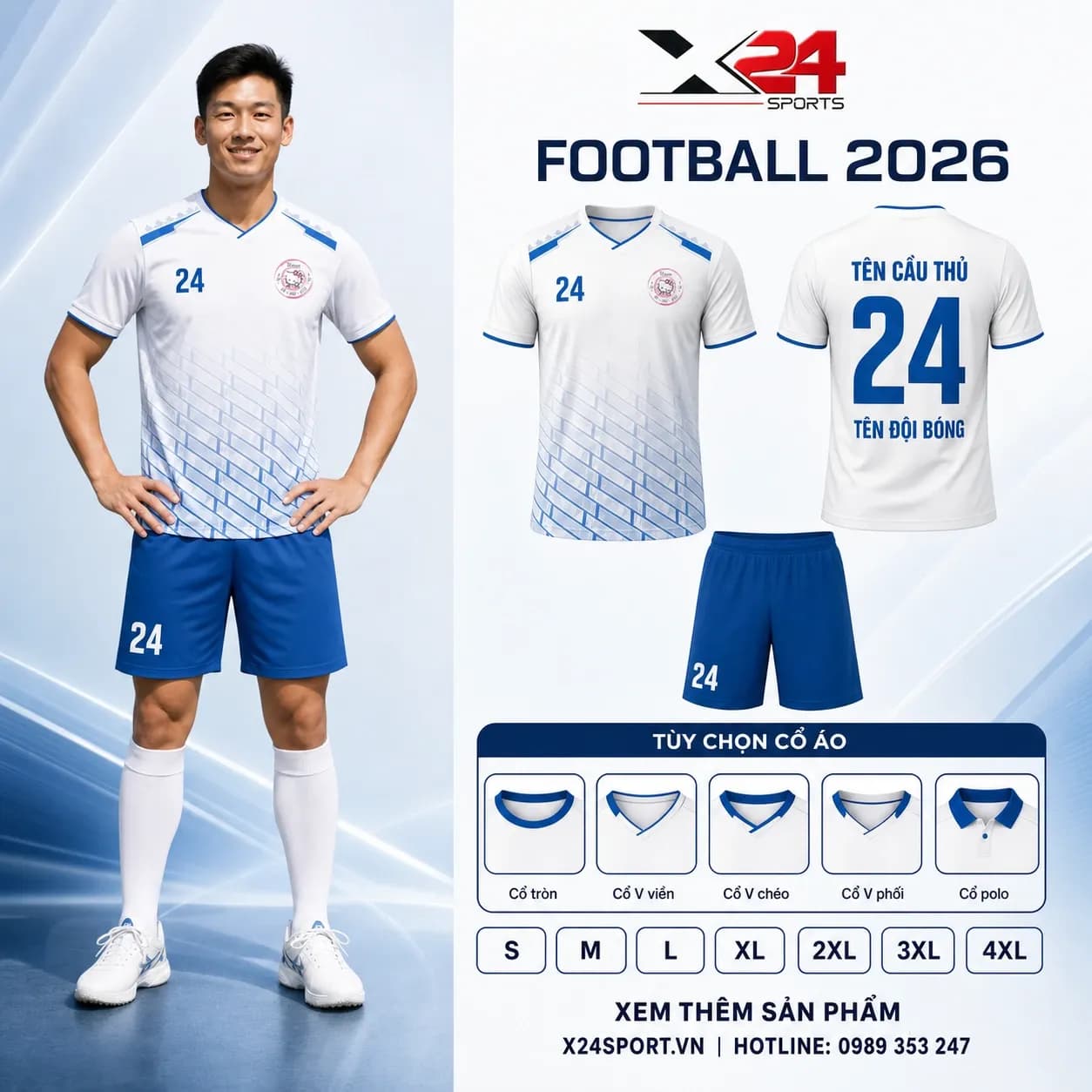 Áo bóng đá thiết kế 2026 mẫu 021 - trắng phối xanh royal – Mã X24-MABD-2026-021