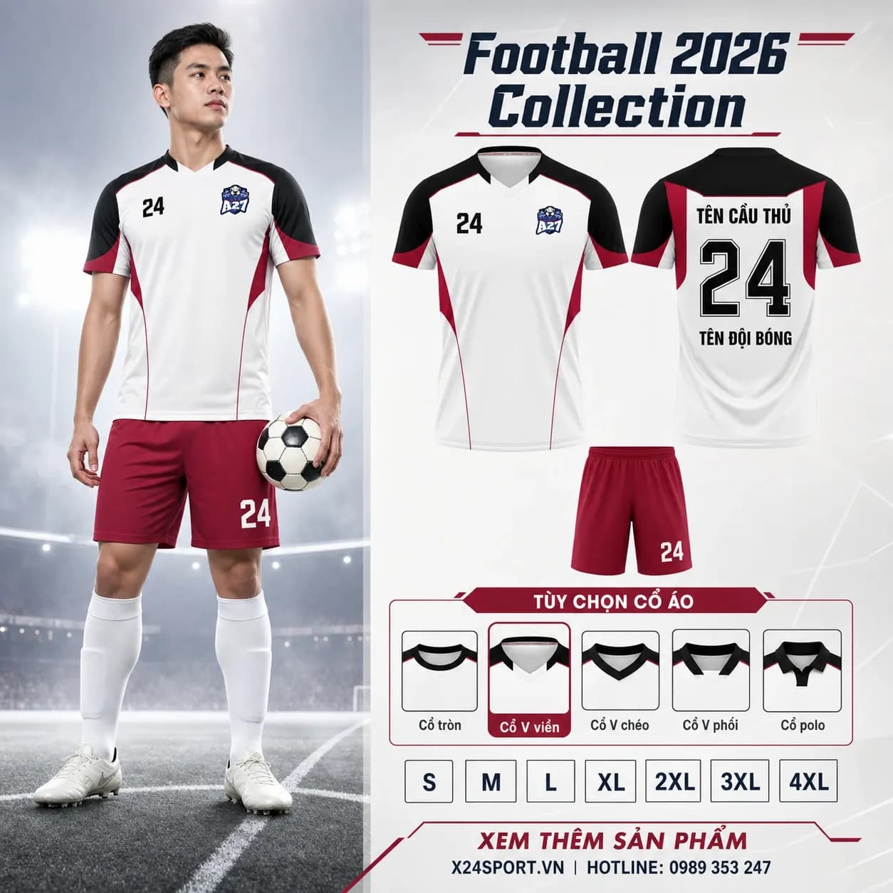 Áo bóng đá thiết kế 2026 mẫu 023 - trắng phối đen đỏ – Mã X24-MABD-2026-023