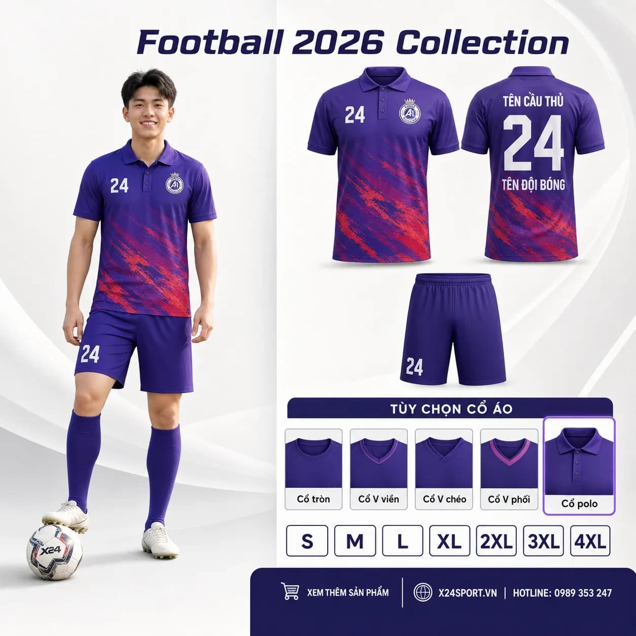 Áo bóng đá thiết kế 2026 mẫu 030 - tím chuyển hồng – Mã X24-MABD-2026-030