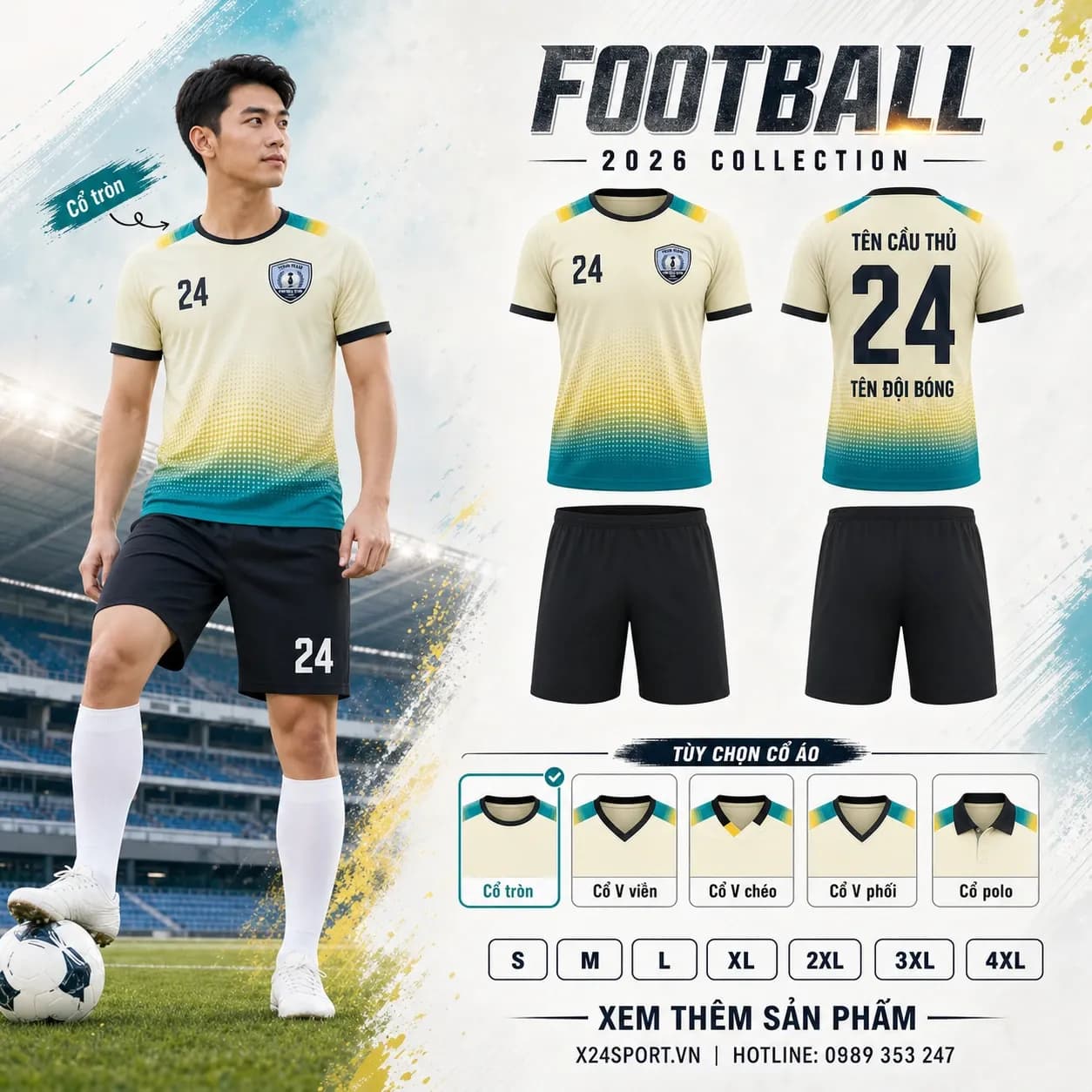 Áo bóng đá thiết kế 2026 mẫu 060 - kem phối xanh teal vàng đen – Mã X24-MABD-2026-060