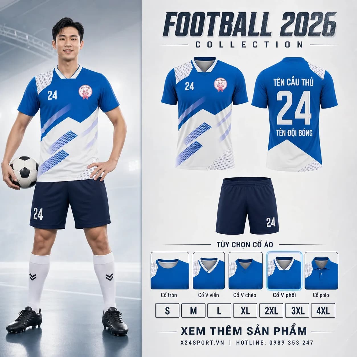 Áo bóng đá thiết kế 2026 mẫu 062 - xanh bích phối trắng xanh nhạt – Mã X24-MABD-2026-062