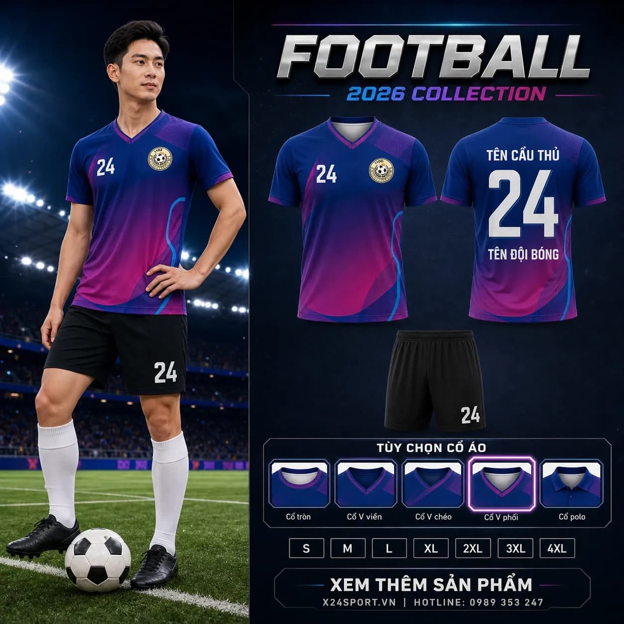 Áo bóng đá thiết kế 2026 mẫu 063 - xanh navy - tím phối hồng xanh cyan – Mã X24-MABD-2026-063