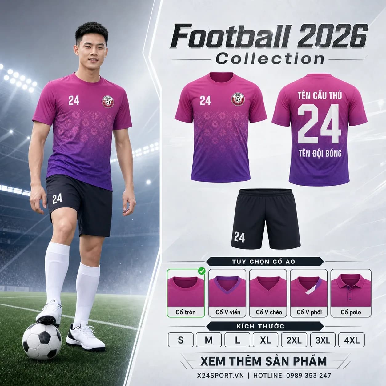 Áo bóng đá thiết kế 2026 mẫu 064 - hồng đậm - tím phối hồng – Mã X24-MABD-2026-064