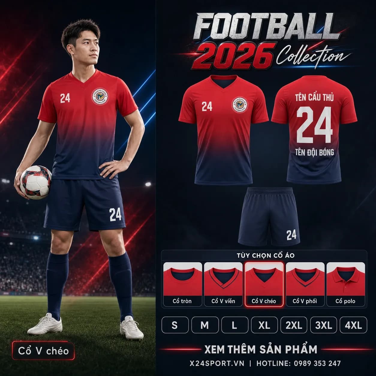 Áo bóng đá thiết kế 2026 mẫu 065 - đỏ phối xanh navy – Mã X24-MABD-2026-065