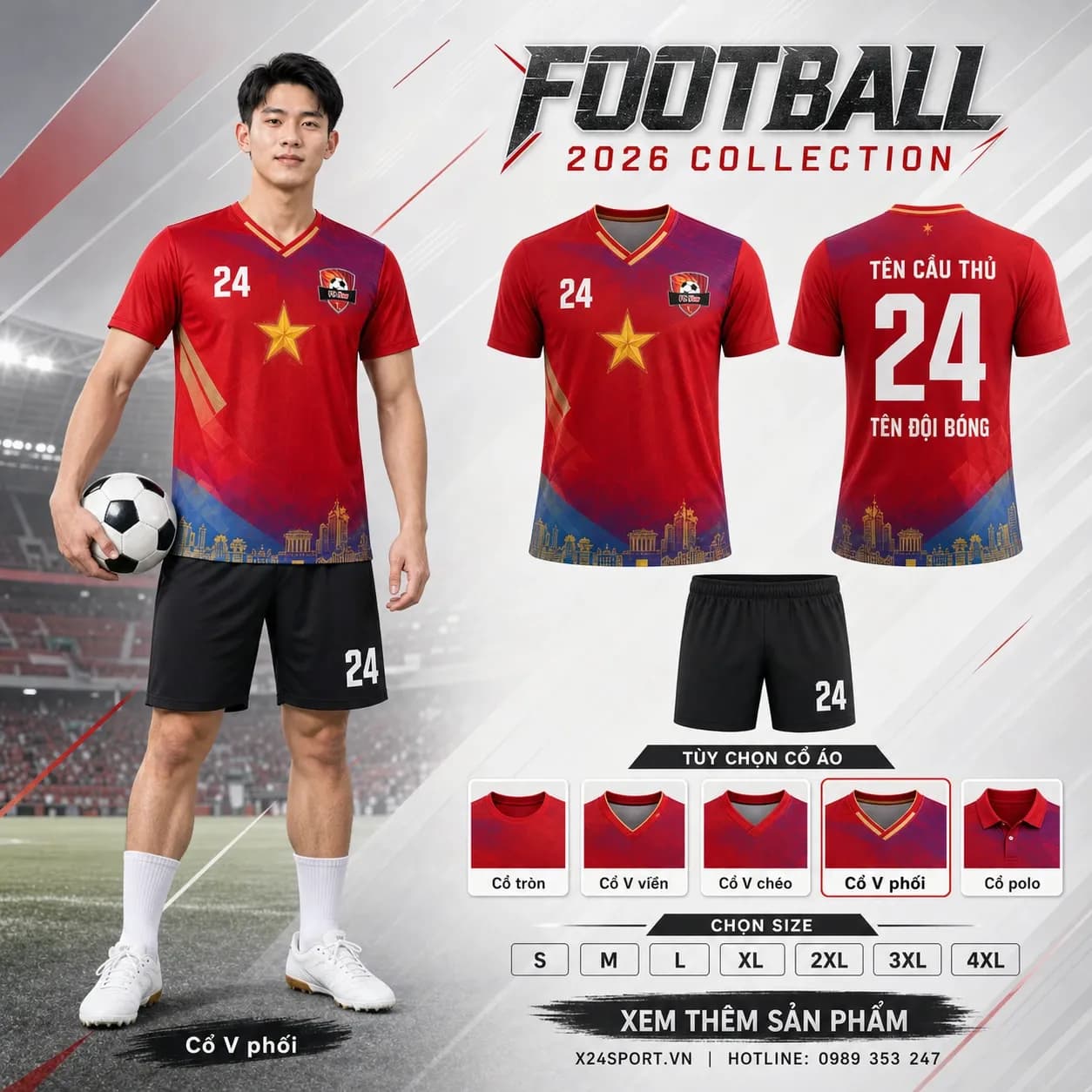 Áo bóng đá thiết kế 2026 mẫu 066 - đỏ phối xanh dương vàng đồng – Mã X24-MABD-2026-066