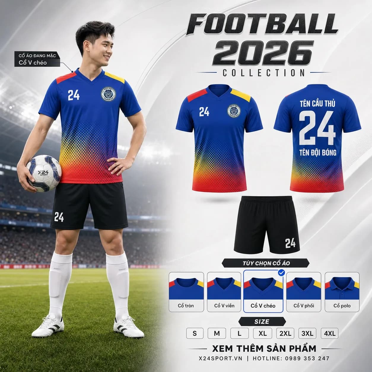 Áo bóng đá thiết kế 2026 mẫu 068 - xanh bích phối vàng đỏ – Mã X24-MABD-2026-068