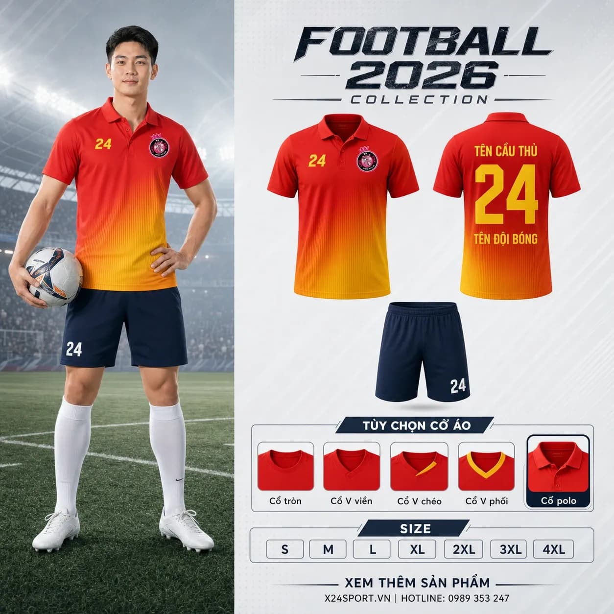 Áo bóng đá thiết kế 2026 mẫu 070 - đỏ phối vàng cam – Mã X24-MABD-2026-070