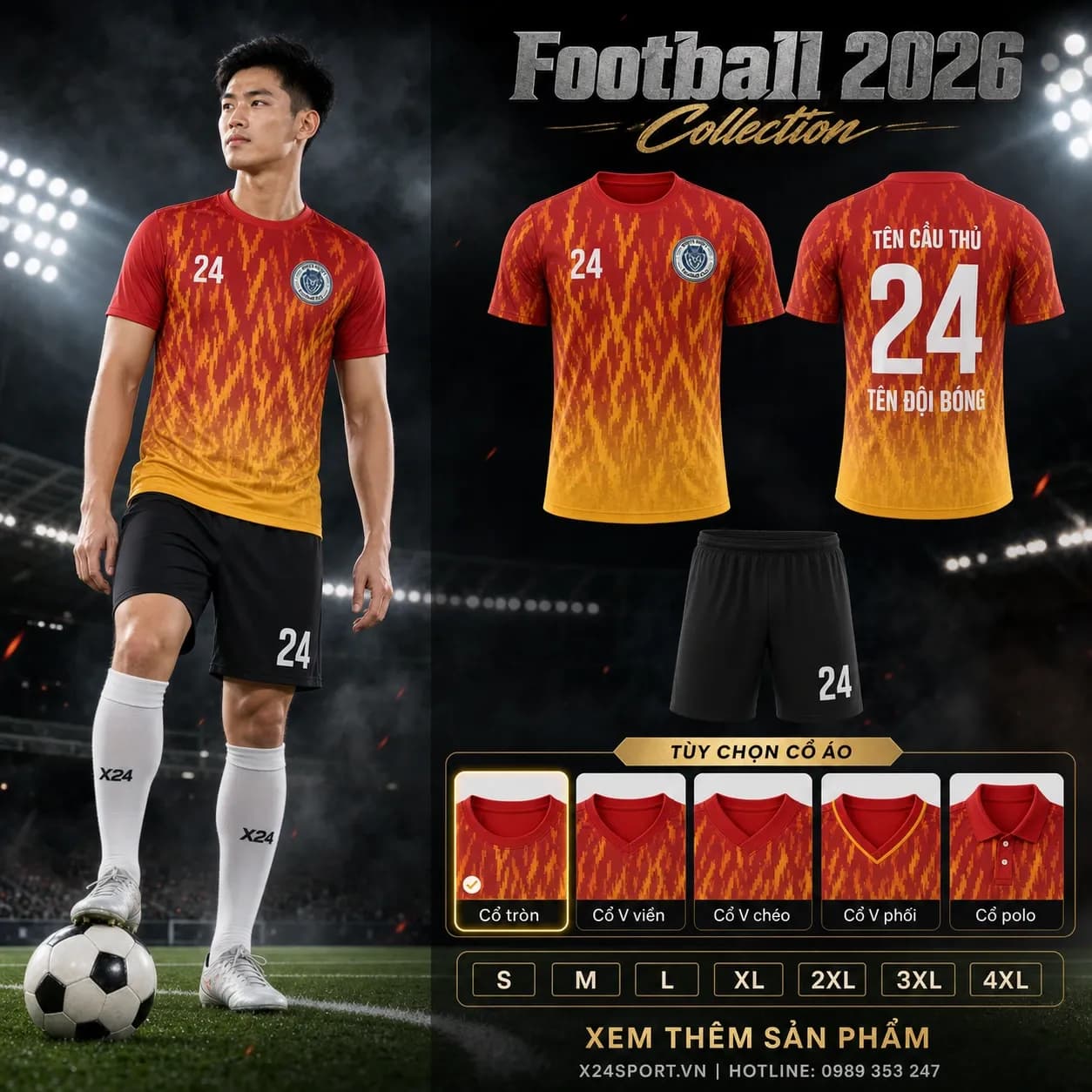 Áo bóng đá thiết kế 2026 mẫu 071 - đỏ phối cam vàng – Mã X24-MABD-2026-071