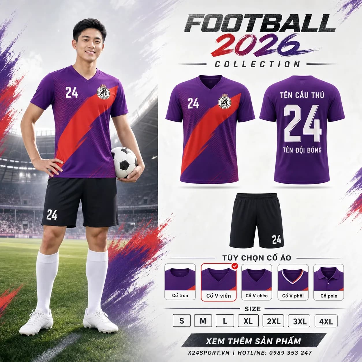 Áo bóng đá thiết kế 2026 mẫu 072 - tím phối đỏ – Mã X24-MABD-2026-072