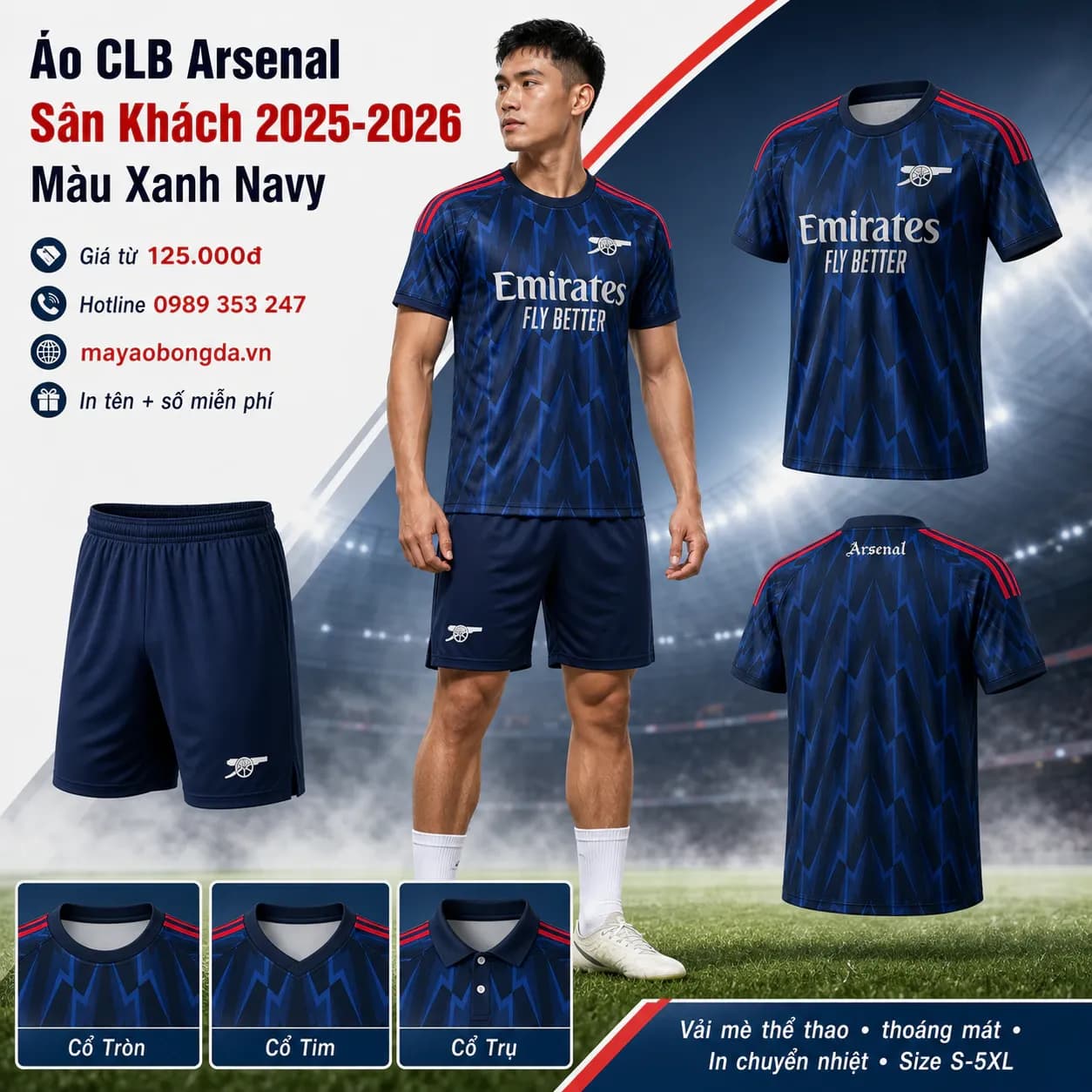Áo CLB Arsenal Sân Khách 2025-2026 Màu Xanh Navy – Mã MBĐ-WP-2371