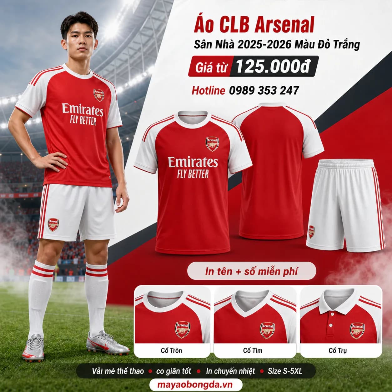 Áo CLB Arsenal Sân Nhà 2025-2026 Màu Đỏ Trắng – Mã MBĐ-WP-2373