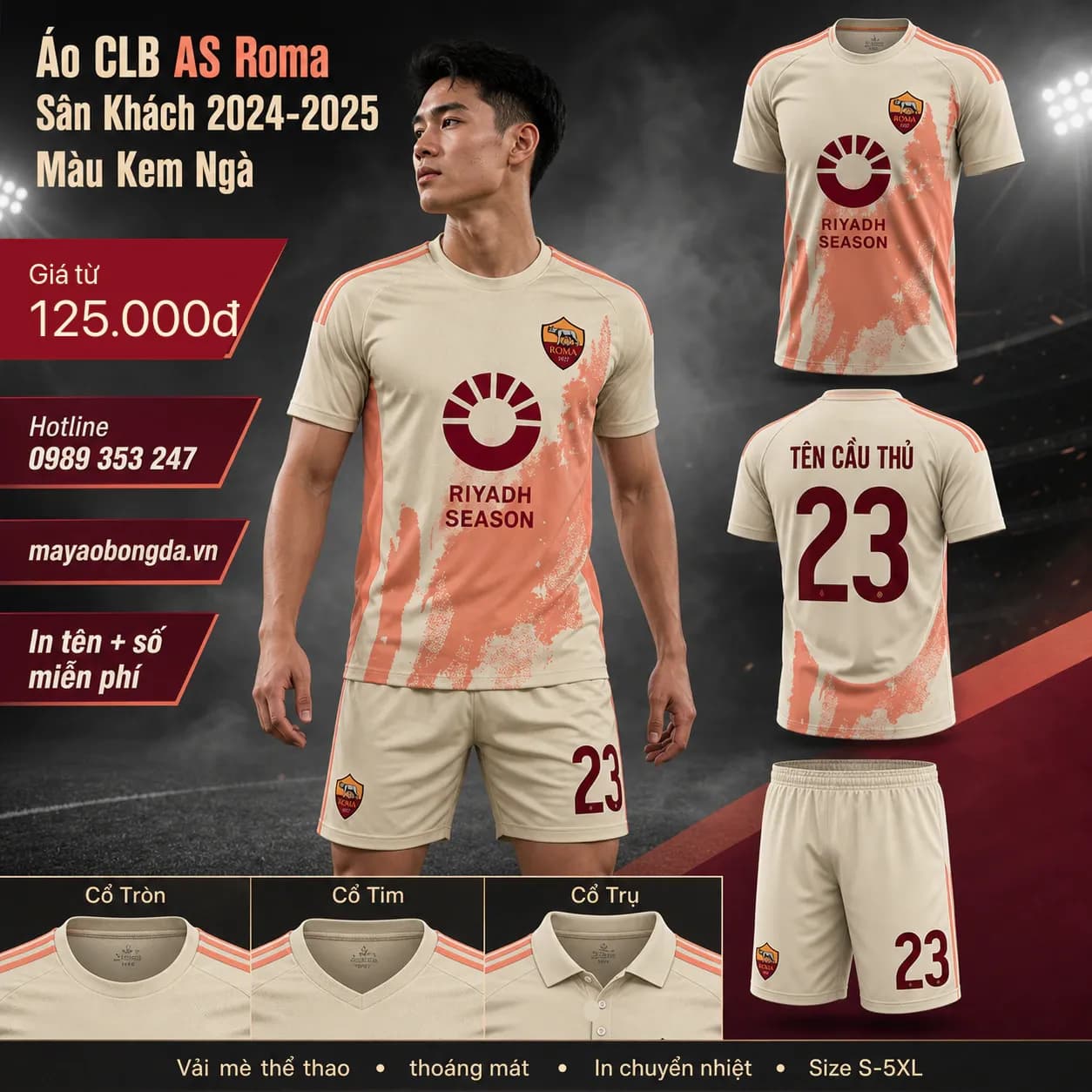 Áo CLB AS Roma Sân Khách 2024-2025 Màu Kem Ngà – Mã MBĐ-WP-981