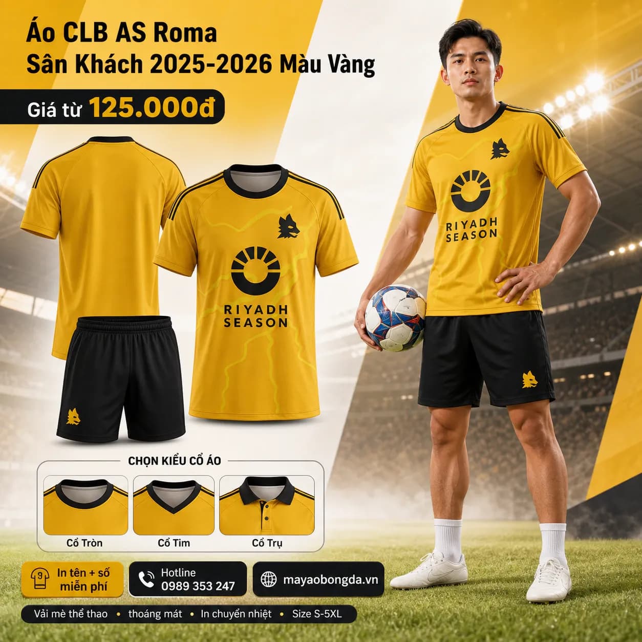 Áo CLB AS Roma Sân Khách 2025-2026 Màu Vàng – Mã MBĐ-WP-2375