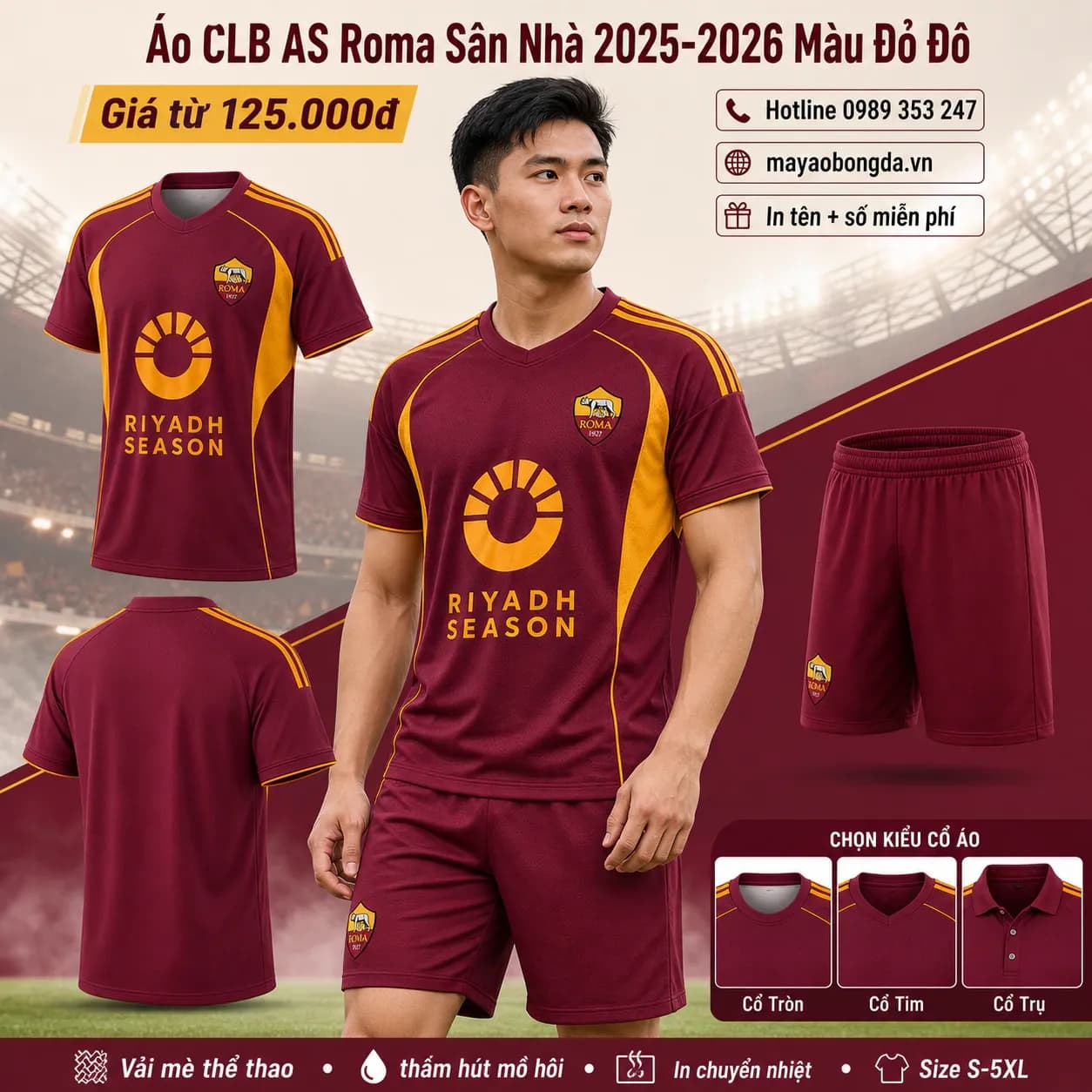 Áo CLB AS Roma Sân Nhà 2025-2026 Màu Đỏ Đô – Mã MBĐ-WP-2377