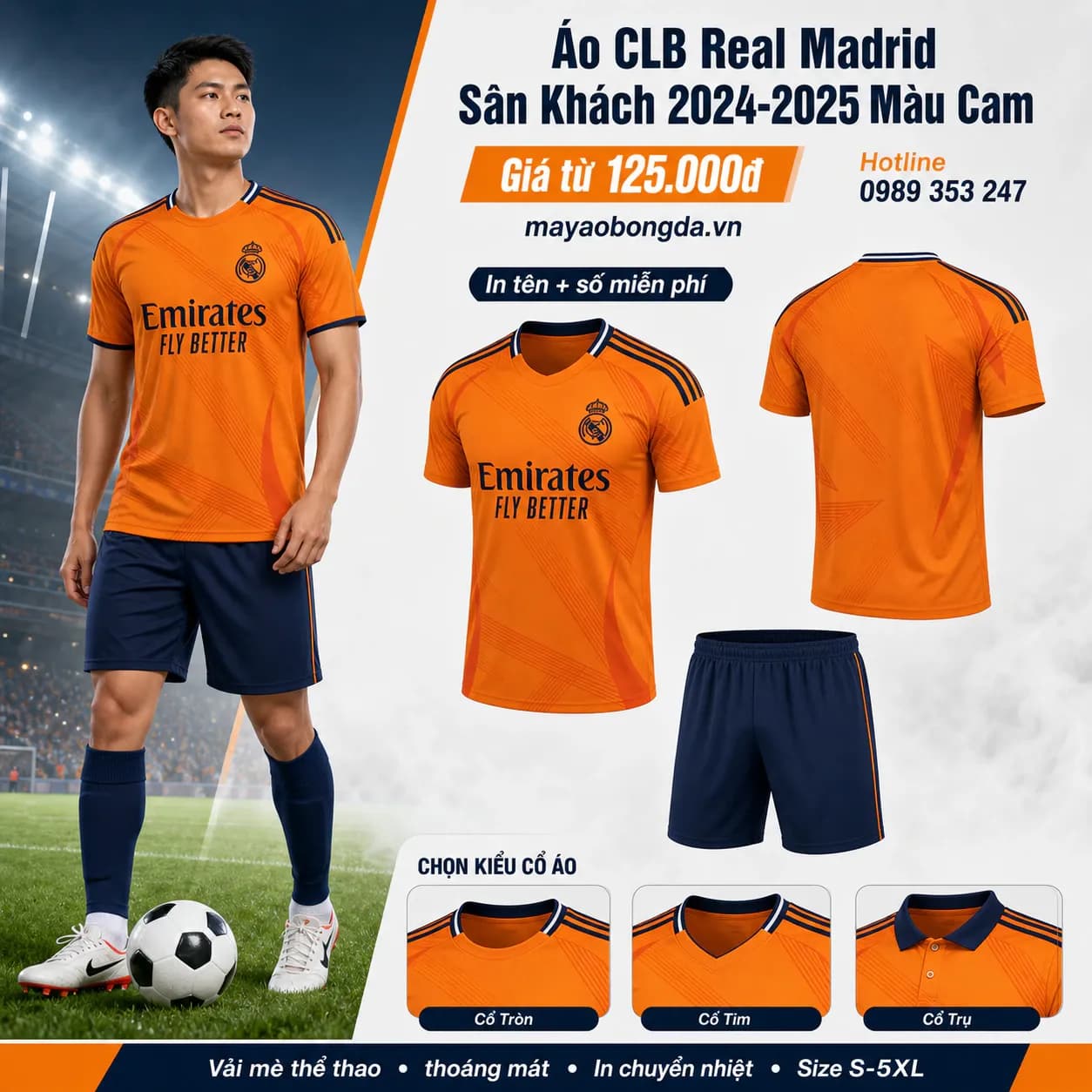 Áo CLB Real Madrid Sân Khách 2024-2025 Màu Cam – Mã MBĐ-WP-1098