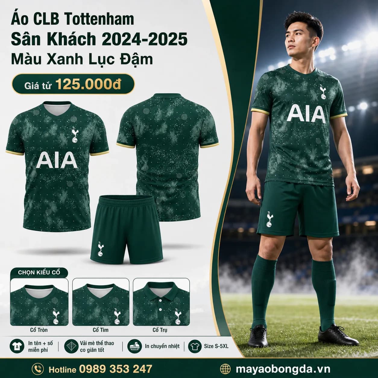 Áo CLB Tottenham Sân Khách 2024-2025 Màu Xanh Lục Đậm – Mã MBĐ-WP-1102