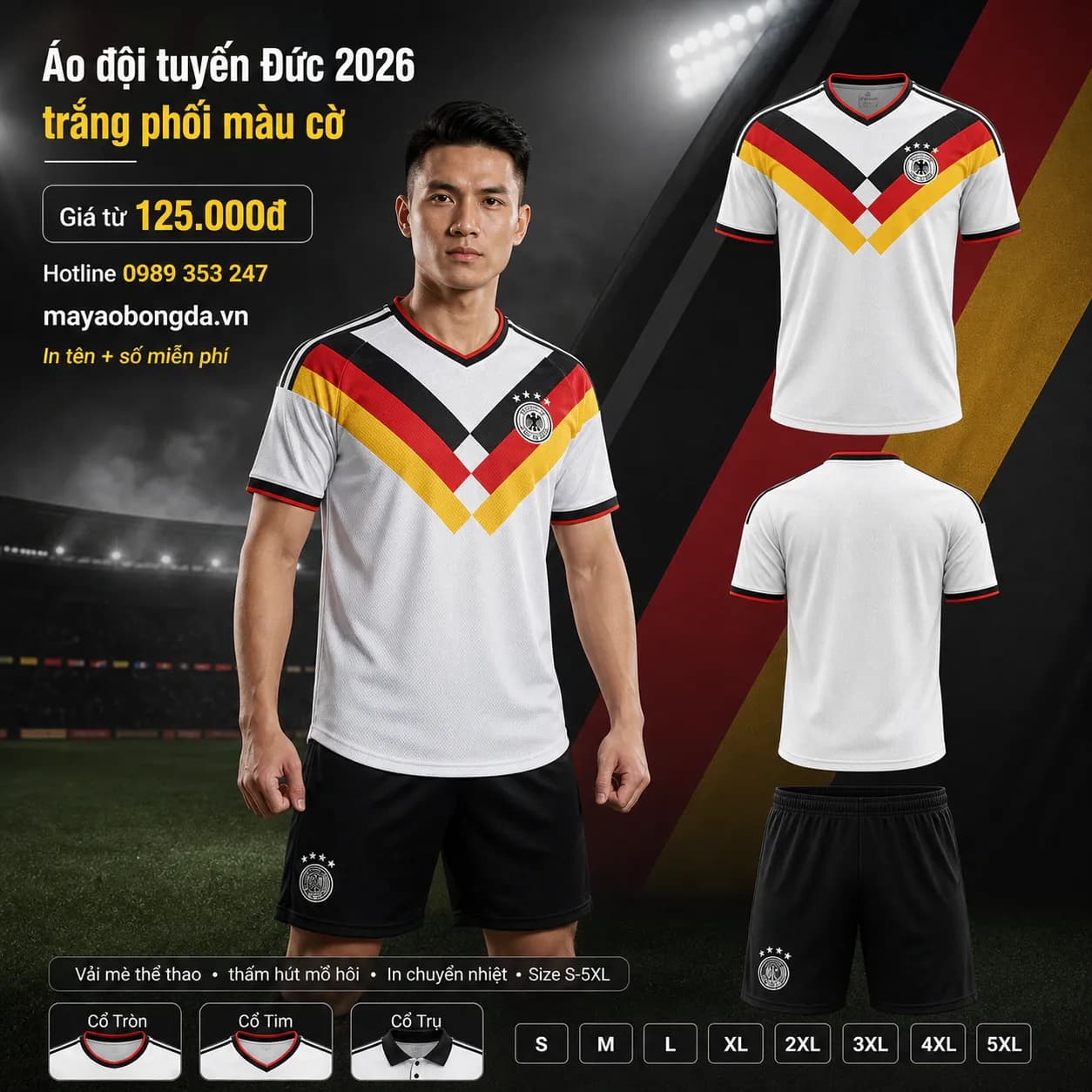 Áo đội tuyển Đức 2026 trắng phối màu cờ – Mã MBĐ-AO-DOI-TUYEN-DUC-2026-TR-EFD3500B