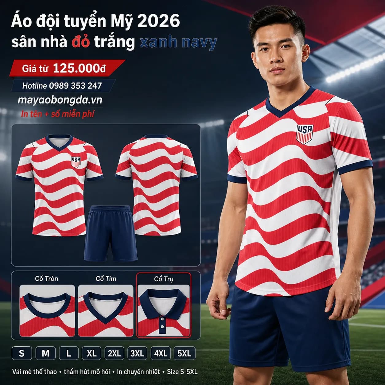 Áo đội tuyển Mỹ 2026 sân nhà đỏ trắng xanh navy – Mã MBĐ-AO-DOI-TUYEN-MY-2026-SAN-EC164151