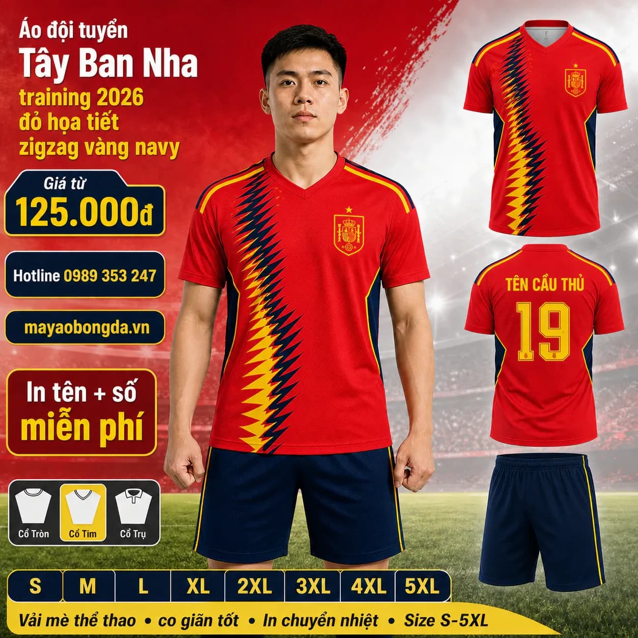 Áo đội tuyển Tây Ban Nha training 2026 đỏ họa tiết zigzag vàng navy – Mã MBĐ-AO-DOI-TUYEN-TAY-BAN-NHA-D5054C65