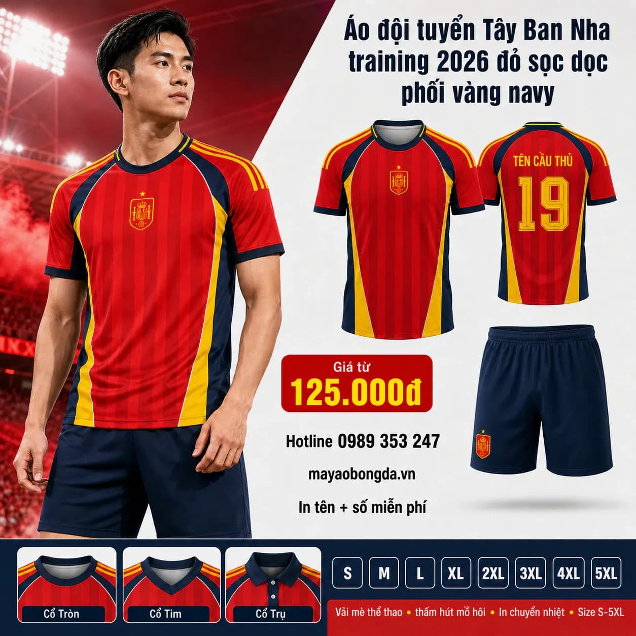 Áo đội tuyển Tây Ban Nha training 2026 đỏ sọc dọc phối vàng navy – Mã MBĐ-AO-DOI-TUYEN-TAY-BAN-NHA-8033838C