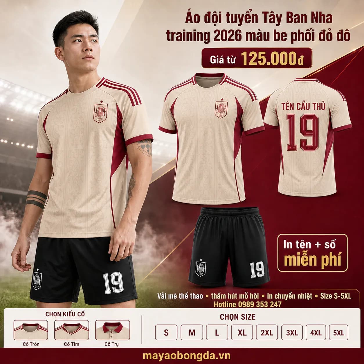 Áo đội tuyển Tây Ban Nha training 2026 màu be phối đỏ đô – Mã MBĐ-AO-DOI-TUYEN-TAY-BAN-NHA-1AEB04A8